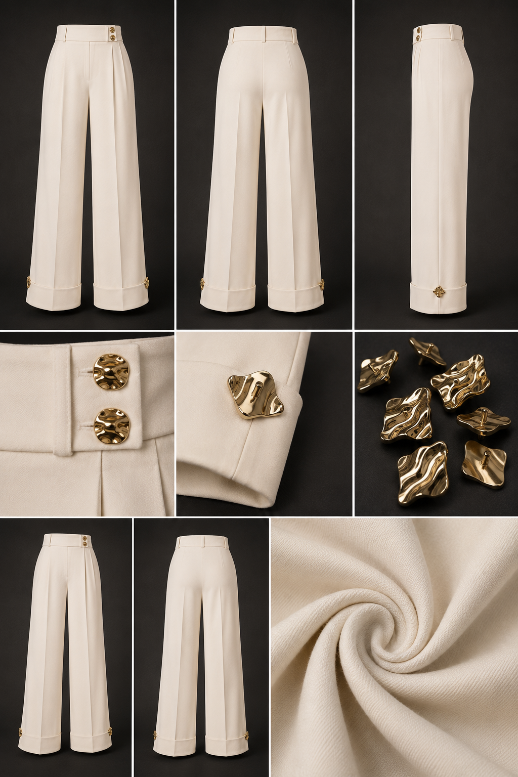 A collage showing the Avenue Noir Signature wide-leg trousers in off-white, featuring front, back and side views, premium gold hardware, fabric texture and close-up detail shots.