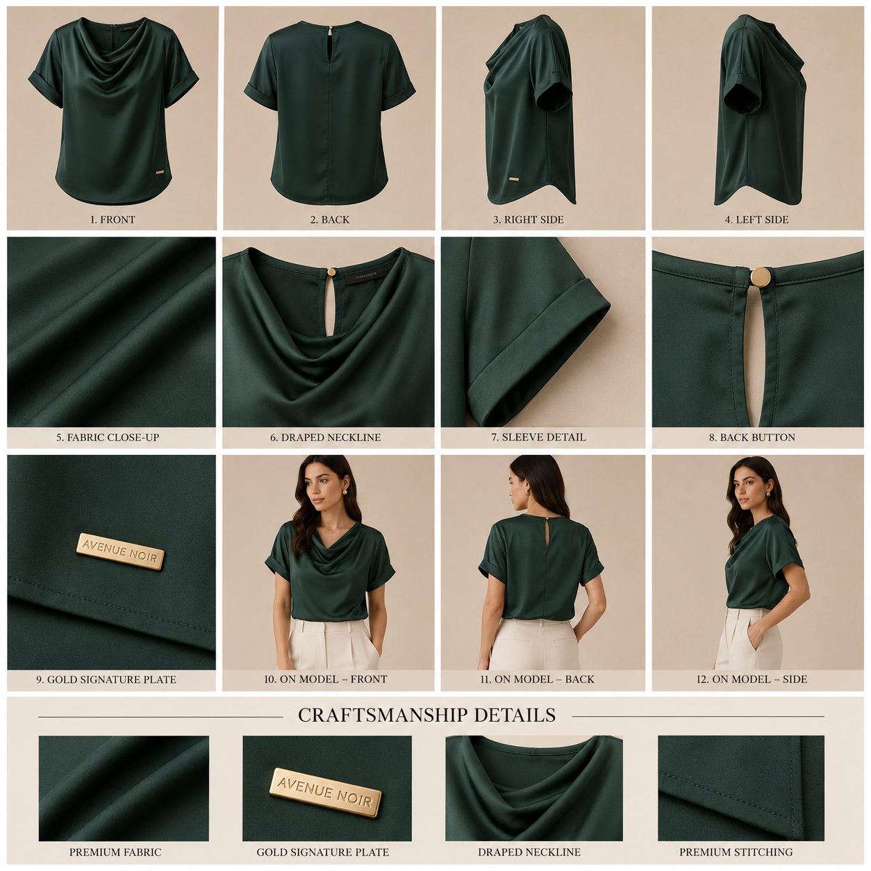 Avenue Noir blouse craftsmanship details, fabric, neckline, stitching and model views