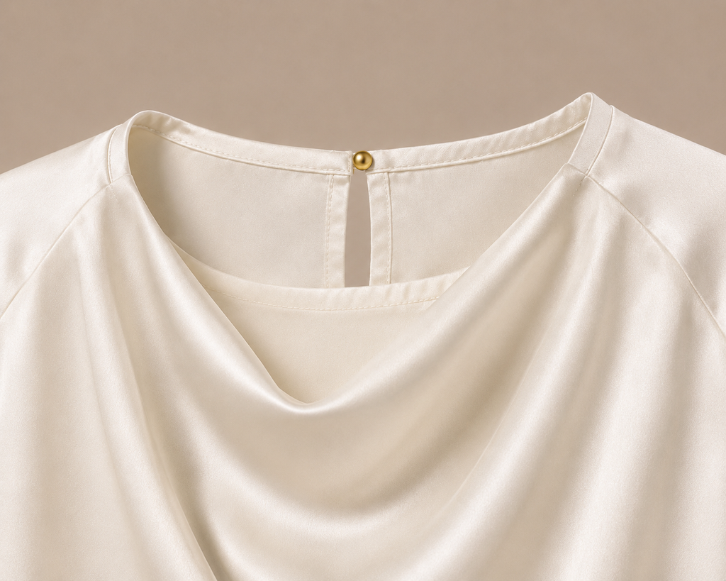 Close-Up of AVENUE NOIR Ivory Blouse Draped Neckline